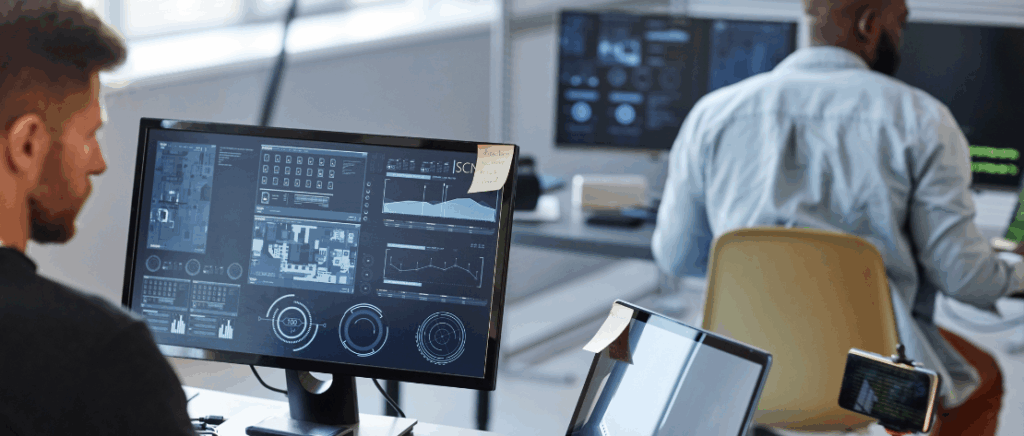 A imagem mostra duas pessoas trabalhando em suas mesas. Eles estão usando computadores e outros dispositivos como tablet e celulares, representando os profissionais PJ de TI, que serão afetados pela Reforma Tributária.